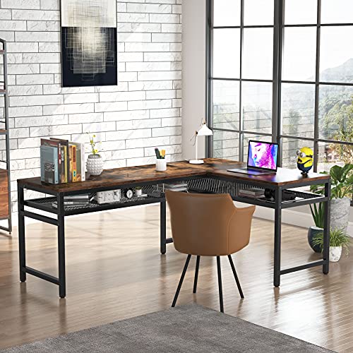 Tribesigns L Shaped Desk with Storage Shelf, Rustic 66.9 inch Corner Computer Desk for Home Office, Large L Shaped Gaming Writing Desk Workstation (Retro Brown) | The Storepaperoomates Retail Market - Fast Affordable Shopping