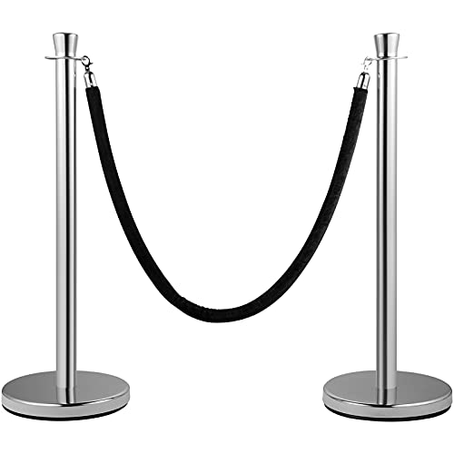 VEVOR Crowd Control Stanchion, Set of 2 Pieces Stanchion Set, Stanchion Set with 5 ft/1.5 m Black Velvet Rope, Silver Crowd Control Barrier w/Sturdy Concrete and Metal Base – Easy Connect Assembly