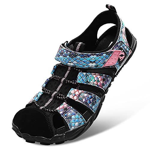 JIASUQI Athletic Quick Dry Swim Pool Hiking Water Shoes Womens Girls Sports Sandals Sneakers Colorful Fish Scale 10Women/8.5Men