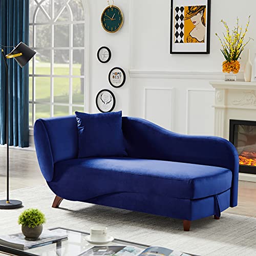 Storage Chaise Lounge, Modern Velvet Chaise Lounge with Wood Legs, Indoor Ultra Comfortable Open Fold Spa Sofa Recliner Couch Chair Long Lounger for Bedroom, Office, Living Room (Blue)