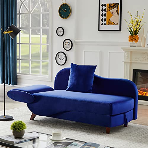 Storage Chaise Lounge, Modern Velvet Chaise Lounge with Wood Legs, Indoor Ultra Comfortable Open Fold Spa Sofa Recliner Couch Chair Long Lounger for Bedroom, Office, Living Room (Blue) | The Storepaperoomates Retail Market - Fast Affordable Shopping