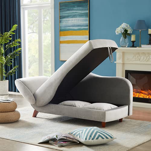 Storage Chaise Lounge, Modern Velvet Chaise Lounge with Wood Legs, Indoor Ultra Comfortable Open Fold Spa Sofa Recliner Couch Chair Long Lounger for Bedroom, Office, Living Room (Grey) | The Storepaperoomates Retail Market - Fast Affordable Shopping