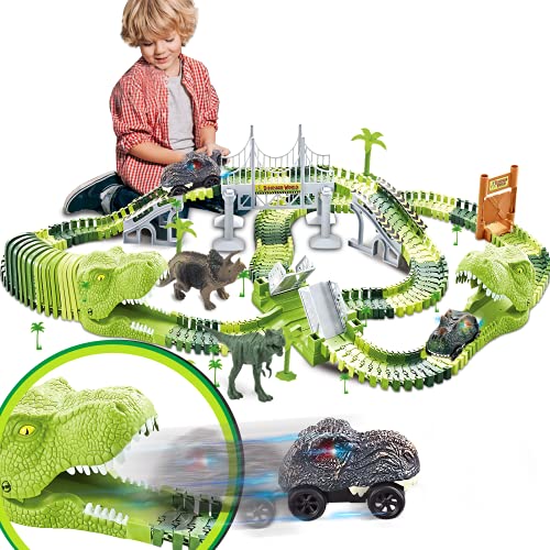 Dinosaurs Race Track Toy for Boys Girls Race Car Track for Kids Age 3-6 Dino Toys with 144 Flexible Track, 2 LED Dinosaur Racing Cars, Toddler Birthday Gift