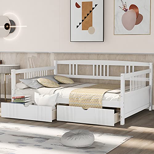 Harper & Bright Designs Full Daybed Frame with Drawers, Wood Full Bed with Storage Drawers, No Box Spring Needed