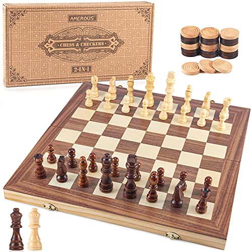 AMEROUS 15” Wooden Chess & Checkers Set, 2 in 1 Board Games -2 Extra Queens – Folding Board – 24 Cherkers Pieces – Gift Box Packed – Chessmen Storage Slots, Beginner Chess Set for Kids and Adults