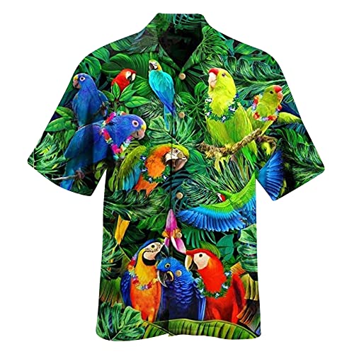 Tops for Men Hawaiin Colorful Parrot Print Short Sleeve Turn Down Collar Button T-Shirt Summer Ventilated Cool Blouse