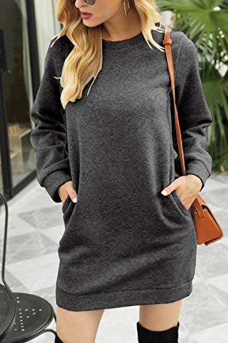 Women Casual Plain Sweatshirt Dresses Comfy Round Neck Fleece Dress Pullover Long Tunics (Dark Gray, X-Large) | The Storepaperoomates Retail Market - Fast Affordable Shopping
