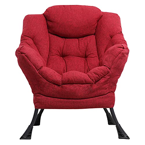 VIVIJASON Modern Fabric Lazy Chair – Soft Accent Contemporary Lounge Chair – Single Steel Frame Sofa Chair with Armrests, Side Pocket, Thick Padded Back for Living Room, Bedroom, Office (Red)