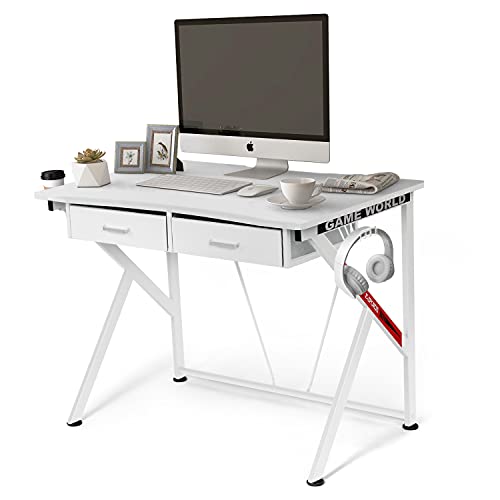 LYNSLIM White Gaming Desk with Drawers – 40″ K-Shaped PC Computer Table for Home Office Gamer Workstation with Headphone Hook and Cup Holder Writing Study Desk | The Storepaperoomates Retail Market - Fast Affordable Shopping