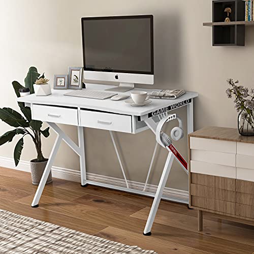 LYNSLIM White Gaming Desk with Drawers – 40″ K-Shaped PC Computer Table for Home Office Gamer Workstation with Headphone Hook and Cup Holder Writing Study Desk | The Storepaperoomates Retail Market - Fast Affordable Shopping