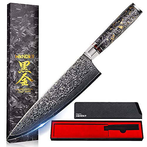 WKNDKIT Damascus Chef Knife 8 inch best VG-10 Japanese Knife with black-golden Handle, Professional High Carbon, Kitchen cooking knife, cuchillos de chef Luxury Gift Box