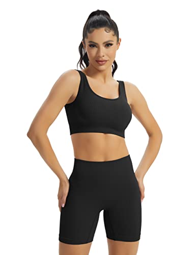 Chiphell Ribbed Workout Sets for Women 2 Piece Square Neck Crop Top and High Waist Biker Shorts Seamless Activewear Tracksuit