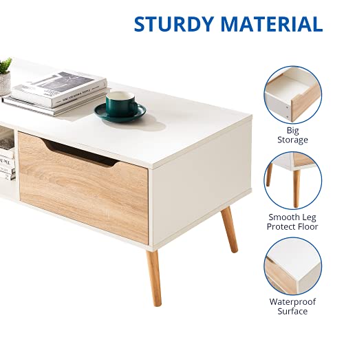 Cozy Castle Modern Coffee Table, Wooden Console Table 2 Tier with Open Storage Shelf and 1 Drawer, Easy Assembly Minimalist Hallway Table, Mid Century Modern Coffee Table for Living Room Home Office | The Storepaperoomates Retail Market - Fast Affordable Shopping