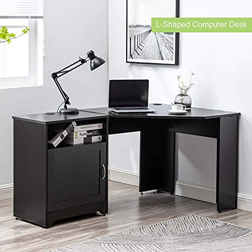 Mepplzian L Shaped Computer Corner Desk, Solid Wood Computer Game Table with Double-Sided Cabinet, Double Line Holes for Home Office Executive Room (Black Walnut) | The Storepaperoomates Retail Market - Fast Affordable Shopping