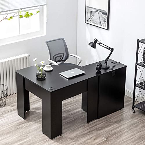Mepplzian L Shaped Computer Corner Desk, Solid Wood Computer Game Table with Double-Sided Cabinet, Double Line Holes for Home Office Executive Room (Black Walnut) | The Storepaperoomates Retail Market - Fast Affordable Shopping