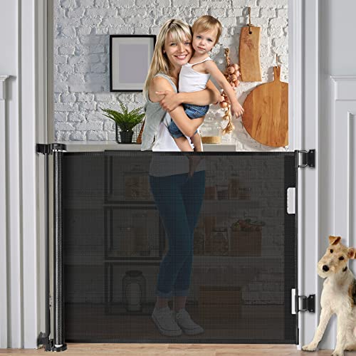 WOMHOM Retractable Baby Gates 35″ Tall, Extends to 60″ Wide, Retractable Gates for Stair Mesh Safety Doorway Pet gate Fabric Outdoor Indoor Baby Gate Mesh Baby Gate for Doorway (Black)