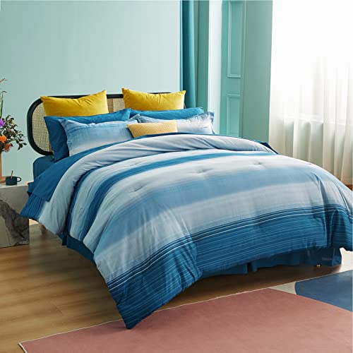 Bedsure Queen Bedding Set – 8 Piece Bed in a Bag Bed Set with Comforter and Sheets, All Season Reversible Thick Lined Gradient Color Comforter Set (Queen, 88 x 88 inches, Ocean Blue)