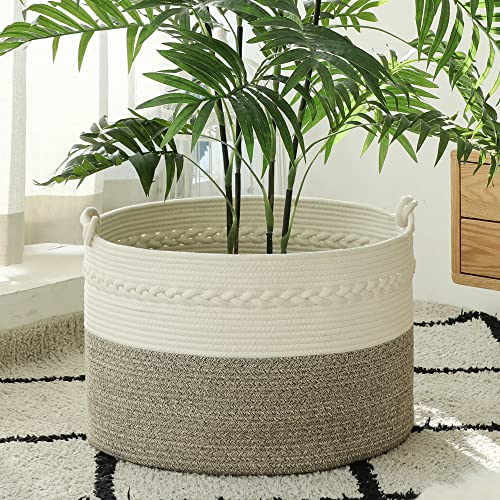 KAKAMAY Large Blanket Basket (20″x13″),Woven Baskets for storage Baby Laundry Hamper, Cotton Rope Blanket Basket for Living Room , Laundry, Nursery, Pillows, Baby Toy chest (White/Beige) | The Storepaperoomates Retail Market - Fast Affordable Shopping