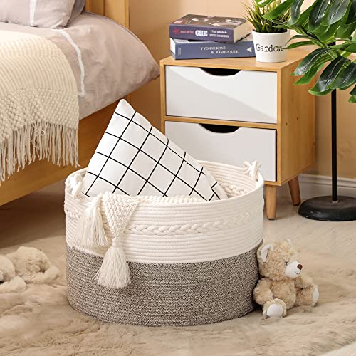 KAKAMAY Large Blanket Basket (20″x13″),Woven Baskets for storage Baby Laundry Hamper, Cotton Rope Blanket Basket for Living Room , Laundry, Nursery, Pillows, Baby Toy chest (White/Beige) | The Storepaperoomates Retail Market - Fast Affordable Shopping
