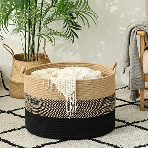 KAKAMAY Large Blanket Basket (20″x13″),Woven Rope Baskets for storage Baby Laundry Hamper, Cotton Rope Blanket Basket for Living Room , Laundry, Nursery, Pillows,Baby Toy chest (Jute/Black) | The Storepaperoomates Retail Market - Fast Affordable Shopping