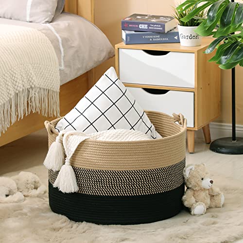 KAKAMAY Large Blanket Basket (20″x13″),Woven Rope Baskets for storage Baby Laundry Hamper, Cotton Rope Blanket Basket for Living Room , Laundry, Nursery, Pillows,Baby Toy chest (Jute/Black) | The Storepaperoomates Retail Market - Fast Affordable Shopping
