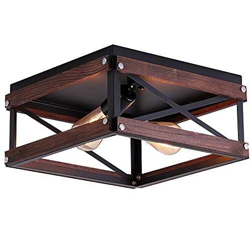 2-Light Rustic Flush Mount Ceiling Light Fixture, Farmhouse Industrial Ceiling Light, Retro Vintage Ceiling Lamp for Hallway, Entryway, Bedroom, Balcony, Farmhouse, Dining Room, Black Wood | The Storepaperoomates Retail Market - Fast Affordable Shopping