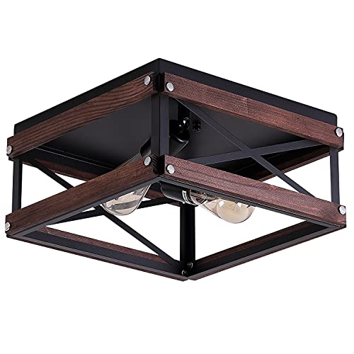2-Light Rustic Flush Mount Ceiling Light Fixture, Farmhouse Industrial Ceiling Light, Retro Vintage Ceiling Lamp for Hallway, Entryway, Bedroom, Balcony, Farmhouse, Dining Room, Black Wood | The Storepaperoomates Retail Market - Fast Affordable Shopping