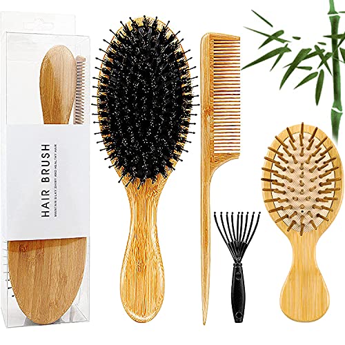 Bamboo Wooden Hair Brush, Boar Bristle Hair Brush for Thick Curly Long Fine Dry Wet Hair, 4 Pieces Hair Care Set, Paddle Brush and Tail Comb | The Storepaperoomates Retail Market - Fast Affordable Shopping