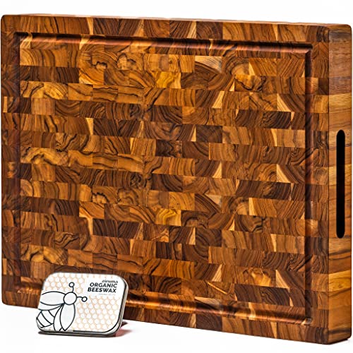 Large End Grain Butcher Block Cutting Board [2″ Thick] Made of Teak Wood and Conditioned with Beeswax, Linseed & Lemon Oil. 20″ x 15″ by Ziruma