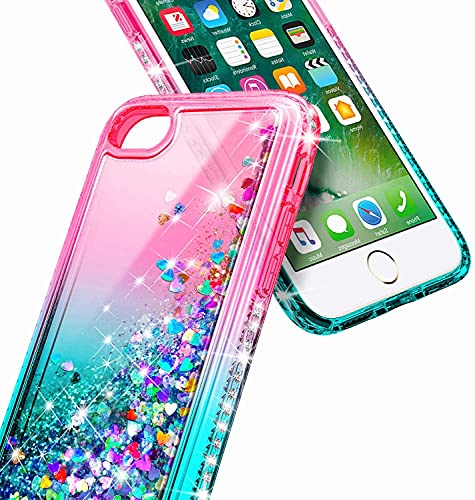 NGB Compatible for iPhone 6 6S 7 8 Case, iPhone SE 3 2022/iPhone SE 2 2020 Case with Tempered Glass Screen Protector, Ring Holder, Girls Women Kids Liquid Glitter TPU Cute Case (Pink/Aqua) | The Storepaperoomates Retail Market - Fast Affordable Shopping