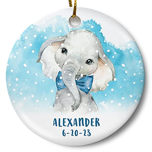 Personalized Baby’s First Christmas Ornament, Newborn Boy Gift, Elephant Holiday Keepsake for New Parents 3 Inch Flat Ceramic Ornament with Gift Box