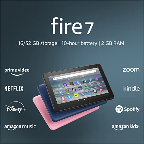 Fire 7 tablet, 7” display, 16 GB, 30% faster processor, designed for portable entertainment, (2022 release), Rose
