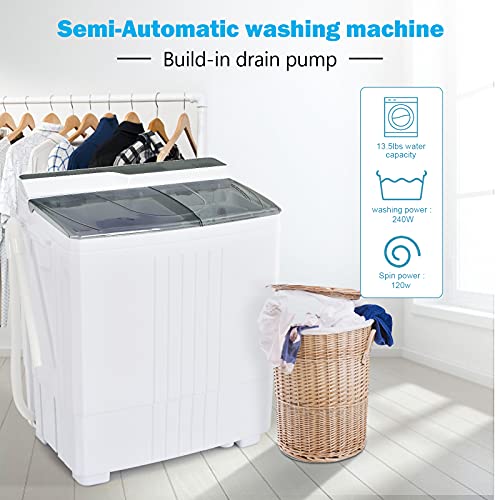 COSTWAY Portable Washing Machine, Twin Tub 21Lbs Capacity, Washer(14.4Lbs) and Spinner(6.6Lbs), Laundry Machine with Control Knobs, Built-in Drain Pump, Compact washer for Apartment, RV, Grey | The Storepaperoomates Retail Market - Fast Affordable Shopping