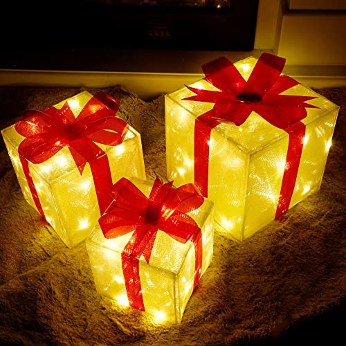 Lulu Home Christmas Box Decorations, Set of 3 Light Up Christmas Present Boxes with Red Bows, Plug-In 60 LEDs Warm White Lighted Xmas Boxes for Christmas Tree Holiday Indoor Outdoor Decors | The Storepaperoomates Retail Market - Fast Affordable Shopping