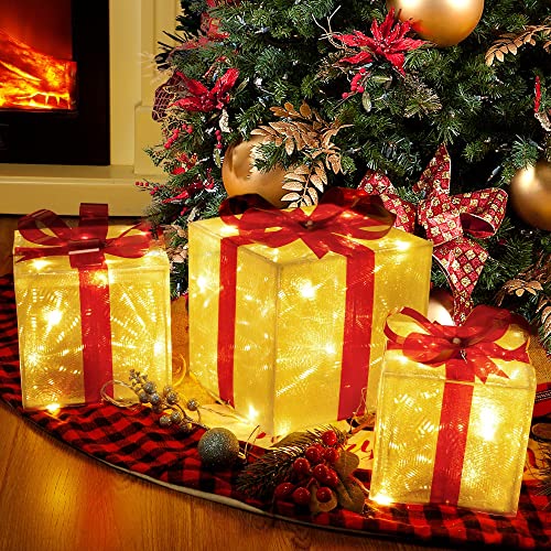 Lulu Home Christmas Box Decorations, Set of 3 Light Up Christmas Present Boxes with Red Bows, Plug-In 60 LEDs Warm White Lighted Xmas Boxes for Christmas Tree Holiday Indoor Outdoor Decors | The Storepaperoomates Retail Market - Fast Affordable Shopping