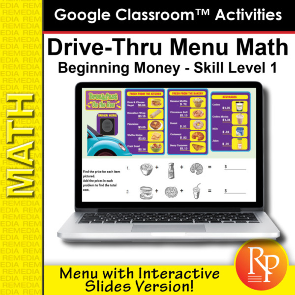 Drive-Thru Menu Math Beginning Money Skills Level 1 – Menu with Slides Version