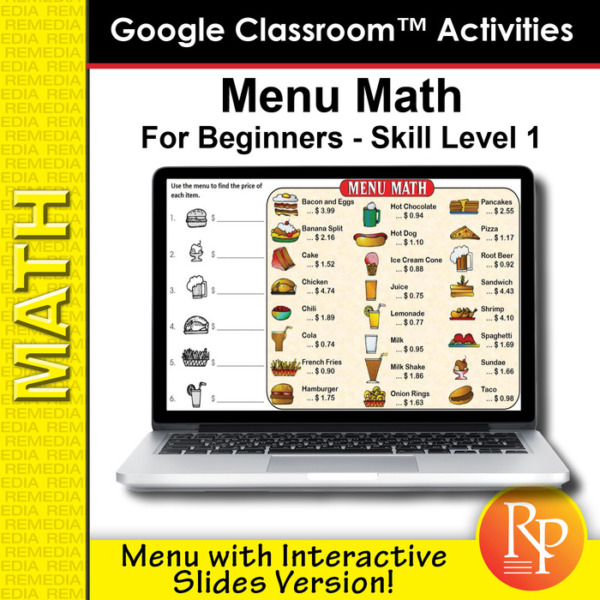 Google Classroom: Menu Math for Beginners Level 1 – Menu with Slides Version