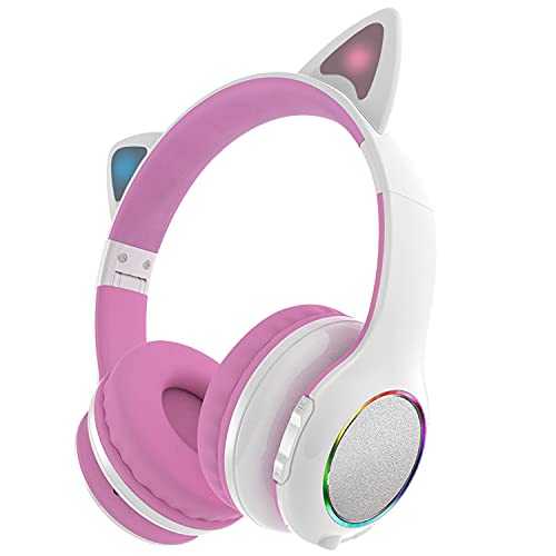 Cat Ear Bluetooth Headphones, Wireless Bluetooth Headphones Over-Ear with Cat Ears LED Lights, Foldable with Microphone,Wireless and Wired Headphone for Phones, Tablets, Laptops, for Kids Teens Adults