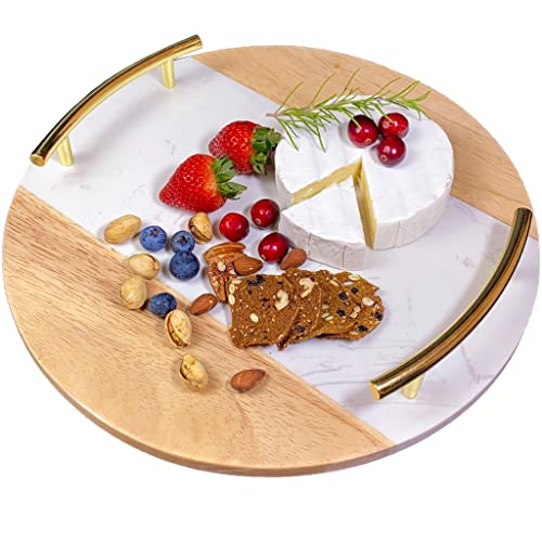 Marble Cheese Board with Handle 13″ Round – Beautifully Handcrafted Marble and Wood Charcuterie Board – Wonderful Housewarming Gift