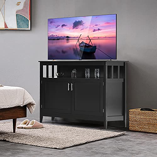 Costzon Kitchen Sideboard Storage Cabinet, Wooden Server Buffet Mid Century Modern Sideboard, Free Standing Narrow Storage Cupboard with 2-Level Open Adjustable Shelf for Home Living Room (Black) | The Storepaperoomates Retail Market - Fast Affordable Shopping