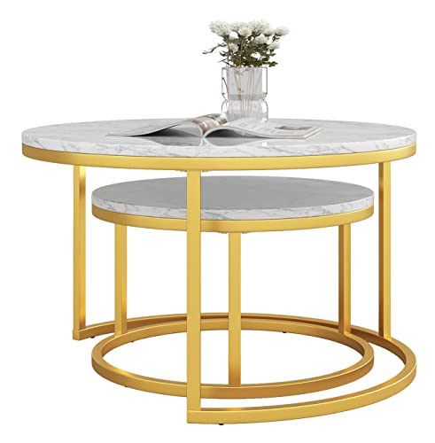 Lecut Modern Nesting Coffee Table Set of 2 with Metal Frame Marble Look End Tables Sofa Nest of Side Tables for Living Room Small Space White and Gold 30″ | The Storepaperoomates Retail Market - Fast Affordable Shopping