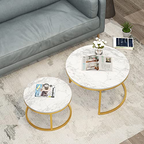 Lecut Modern Nesting Coffee Table Set of 2 with Metal Frame Marble Look End Tables Sofa Nest of Side Tables for Living Room Small Space White and Gold 30″ | The Storepaperoomates Retail Market - Fast Affordable Shopping