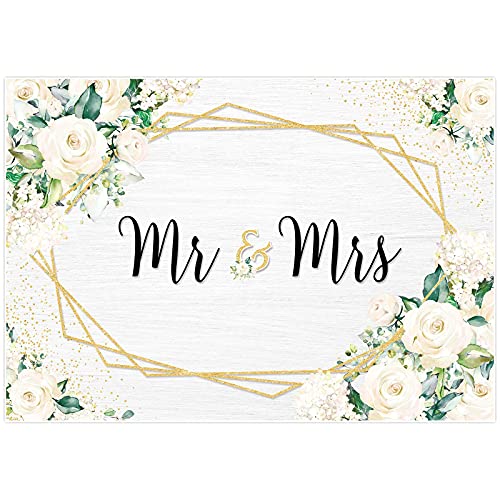Allenjoy 7x5ft White Floral Mr & Mrs Engagement Decorations Backdrop for Couples Wedding Bride and Groom Engaged Ceremony Anniversary Bridal Shower Supplies Photo Booth Props Background