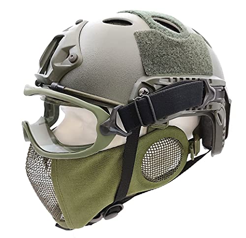 PJ Type Tactical Airsoft Fast Helmet and Foldable Half Face Mesh Guard with Ear Protection Adjustable Chin Strap Full Face Protection for Older Teenager Adult (Olive Green) | The Storepaperoomates Retail Market - Fast Affordable Shopping