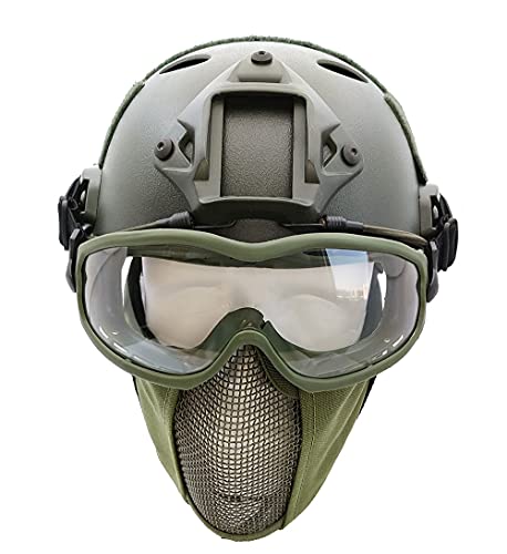 PJ Type Tactical Airsoft Fast Helmet and Foldable Half Face Mesh Guard with Ear Protection Adjustable Chin Strap Full Face Protection for Older Teenager Adult (Olive Green) | The Storepaperoomates Retail Market - Fast Affordable Shopping