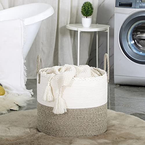 KAKAMAY Large Blanket Basket (18″x18″x16″),Woven Baby Laundry Hamper for Storage, Cotton Rope Blankets Baskets for Nursery, Laundry, Living Room, Pillows, Baby Toy chest with Handles (White/Beige) | The Storepaperoomates Retail Market - Fast Affordable Shopping