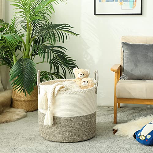 KAKAMAY Large Blanket Basket (18″x18″x16″),Woven Baby Laundry Hamper for Storage, Cotton Rope Blankets Baskets for Nursery, Laundry, Living Room, Pillows, Baby Toy chest with Handles (White/Beige) | The Storepaperoomates Retail Market - Fast Affordable Shopping