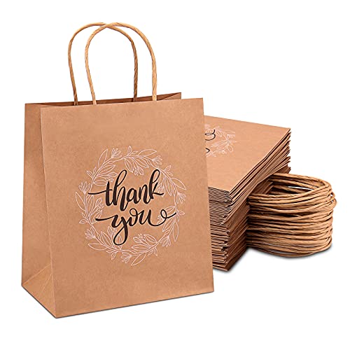 QIELSER Thank You Gift Bags Bulk 50 Pcs 8″x4.75″x10″ Medium Brown Kraft Paper Bags for Retail Shopping, Wedding, Baby Shower Holiday, Party