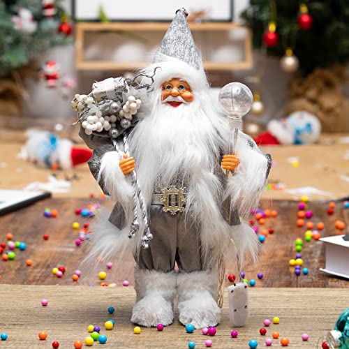 Toiyason 13.8inch Santa Claus Figurines with Lighting Walking Stick，Christmas Standing Santa Figure Decorations Gift for Xmas Outdoor Indoor Home Office Ornaments ,Grey&Silver | The Storepaperoomates Retail Market - Fast Affordable Shopping