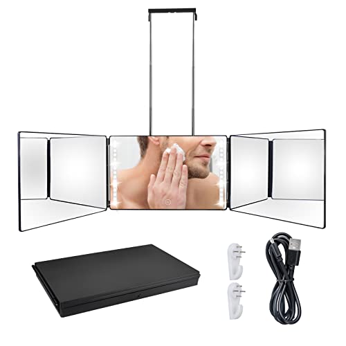 TAN LU 3 Way Mirror with Lights for Self Hair Cutting, Rechargeable 360° Trifold Mirror with Height Adjustable Mirror Telescoping Hooks DIY Haircut Tool for Shaving, Grooming, Hair Styling, Makeup